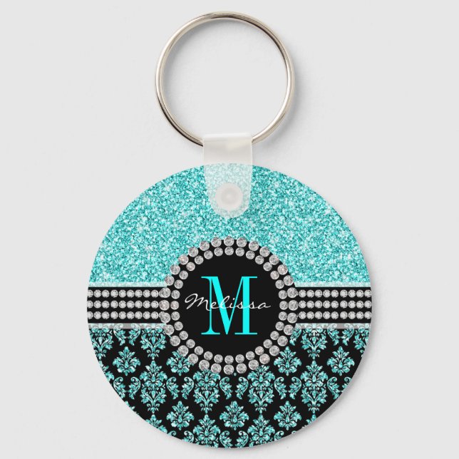 Llavero Girly Aqua Blue Purpurina Monograma Damask Name (Anverso)