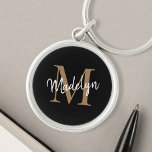 Llavero Girly Black Gold Monograma Nombre Elegante Guión d<br><div class="desc">Nombre de Monograma Dorado Girly Negro Elegante Moda Script Keychain. Personalice fácilmente este elegante y moderno llavero con su monograma y nombre personalizado.</div>