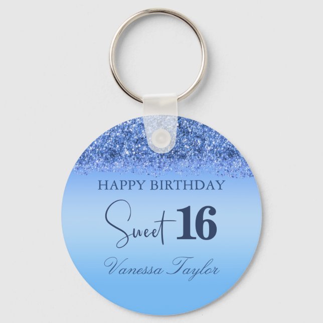 Llavero Girly Blue Faux Purpurina Sparkly Sweet 16 cumplea (Anverso)