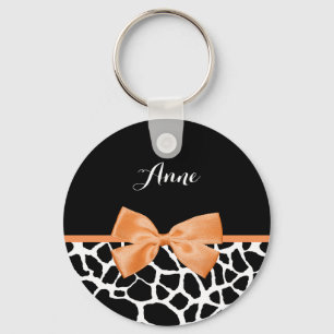 Llavero Girly Giraffe Print Naranja Ribbon Bow Con Nombre