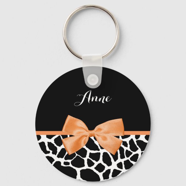 Llavero Girly Giraffe Print Naranja Ribbon Bow Con Nombre (Anverso)