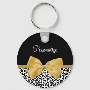 Llavero Girly Leopard Print Moda Gold Bow con nombre
