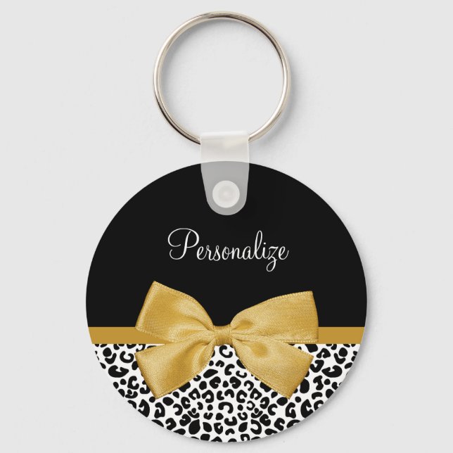 Llavero Girly Leopard Print Moda Gold Bow con nombre (Anverso)