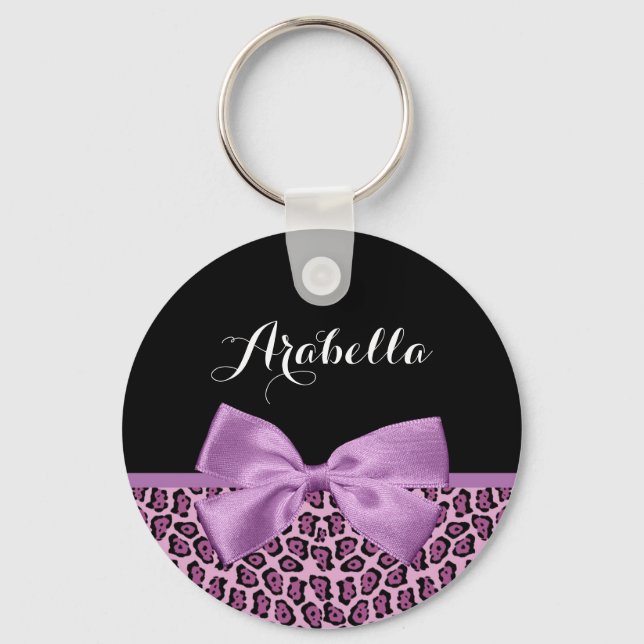 Llavero Girly Purple Jaguar Print Cute Bow con nombre (Anverso)