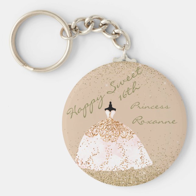 Llavero Girly Rosa Oro dulce personalizado 16 cumpleaños (Frente)