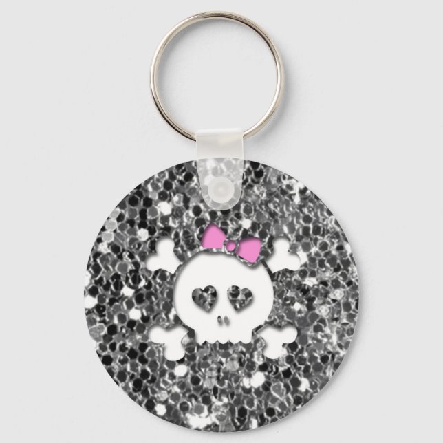 Llavero Girly Skull with Pink Bow on Silver Glitter Look (Anverso)