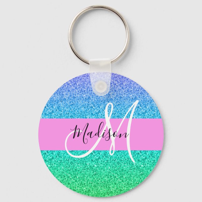 Llavero Glam Azul Verde Brillo Destello Gradiente Monogram (Anverso)