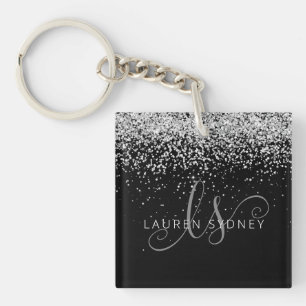 Llavero Glam Black Silver Purpurina Monograma Nombre