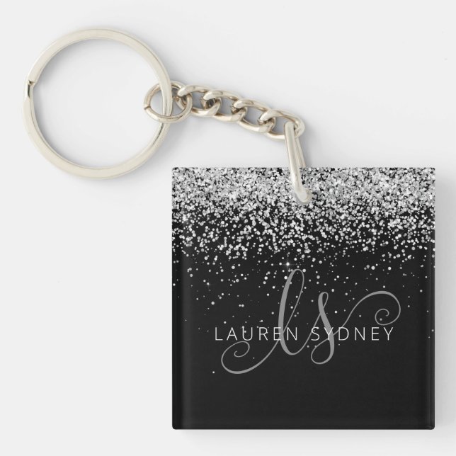 Llavero Glam Black Silver Purpurina Monograma Nombre (Frente)