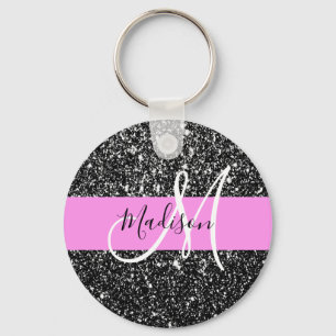 Llavero Glam Chic Rosa Negro Brillo Destello Nombre Monogr