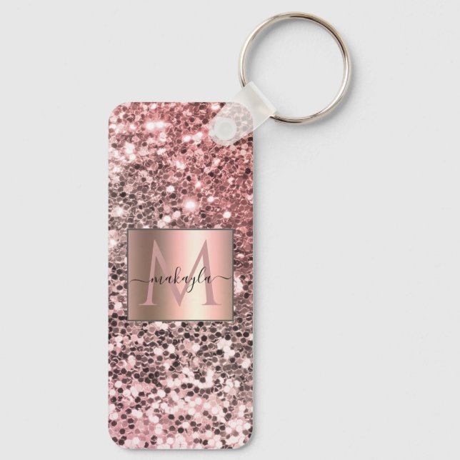 Llavero Glam Girly Rubor Pink Gitter Design Name Monograma (Reverso)