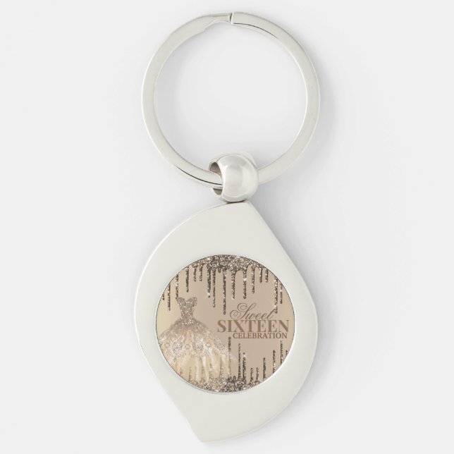 Llavero Glam Gold Brown Purpurina Spark Sweet 16 Cumpleaño (Anverso)