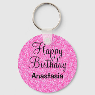 Llavero Glam Happy Birday Hot Pink Purpurina Sparkle Name