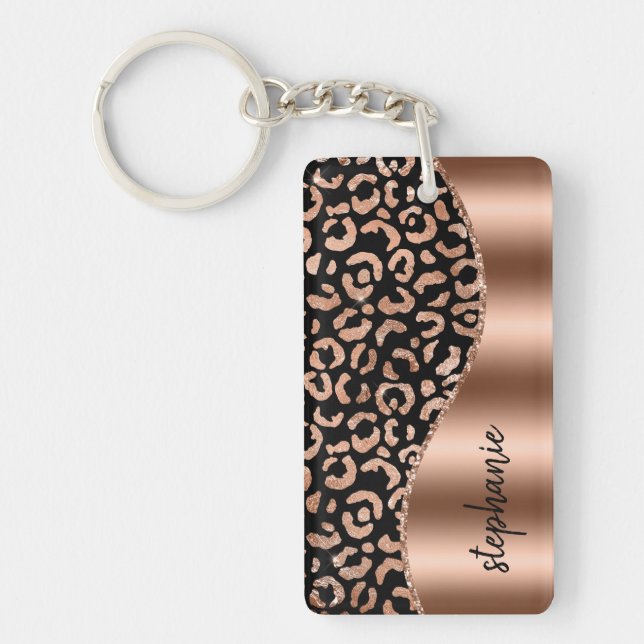 Llavero Glam Leopard Spots Rosa Gold Black Metallic Name (Frente)