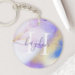 Llavero Glam Lilac Gold Resumen Paint Elegante Monograma<br><div class="desc">Personaliza fácilmente este estilo glamoroso de pintura de acuarela lila abstracta y el fondo falso de pulverización dorada con tus detalles personalizados.</div>