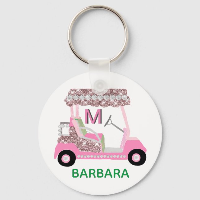 Llavero Glam Name Monogram Rosa Gold Golf Cart Keychain (Anverso)