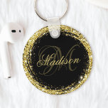 Llavero Glam negro Purpurina de oro personalizado<br><div class="desc">Personalice fácilmente este purpurina de oro de lujo enmarcado con su nombre personalizado y su monograma.</div>