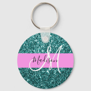 Llavero Glam Pink Teal Verde Brillo Chispa Monograma Nombr