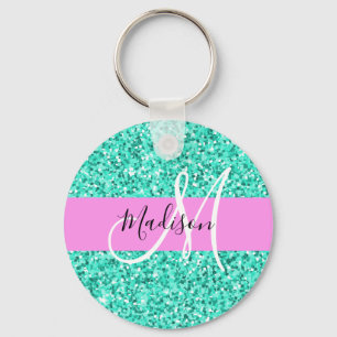 Llavero Glam Pink y Aqua Purpurina esparcen nombre monogra