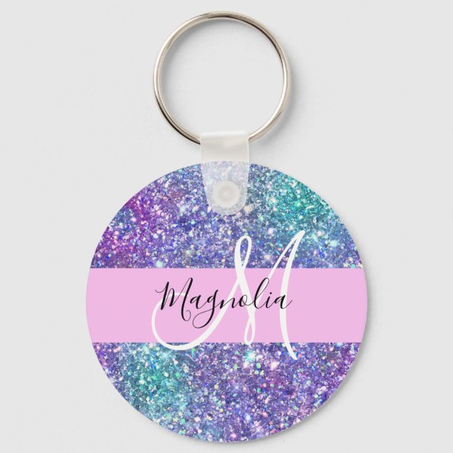 Llavero Glam Purple, Blue & Green Glitter Sparkle Monogram (Anverso)
