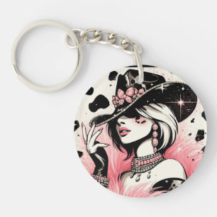 Llavero Glamor Rústico Vaquera Rosa Brillo Estampado de Cu