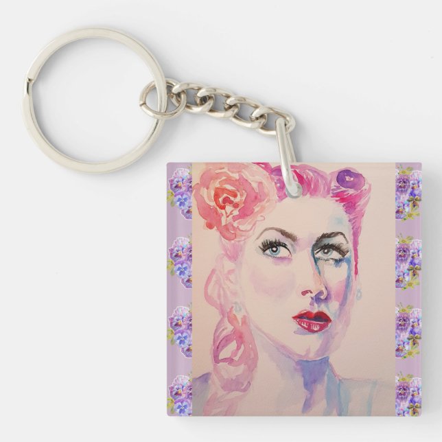 Llavero Glamorosa Retro Mujer Vintage Púrpura Acuarela (Frente)