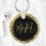 Llavero Glamoroso Purpurina de oro Monograma Nombre negro<br><div class="desc">Personalice fácilmente este purpurina de oro de lujo enmarcado con su nombre personalizado y su monograma.</div>