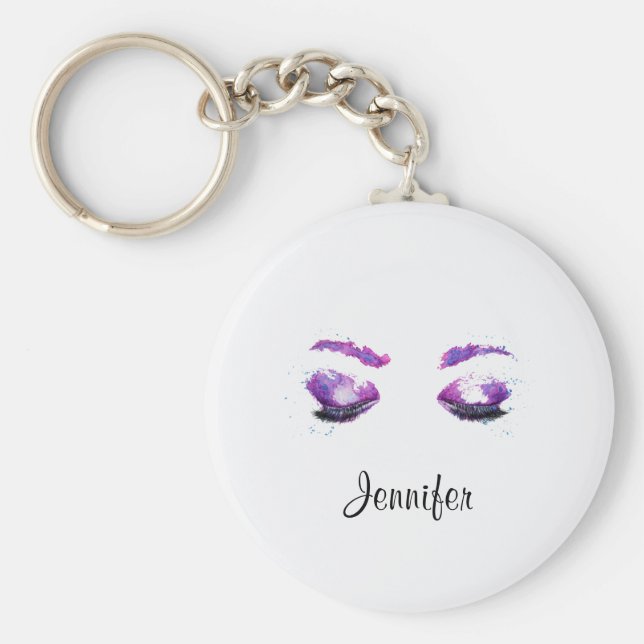 Llavero Glamorosos Ojos Púrpuros y Flores Acuarela (Frente)