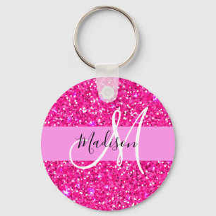 Llavero Glamour Rosa Caliente Brillante Chispas Monograma 