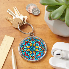 Llavero Glass rojo dorado azul Mandala manchado