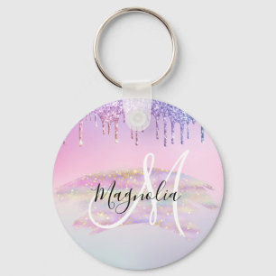 Llavero Glitter Unicornio Arcoíris Ombre Rosa Monograma