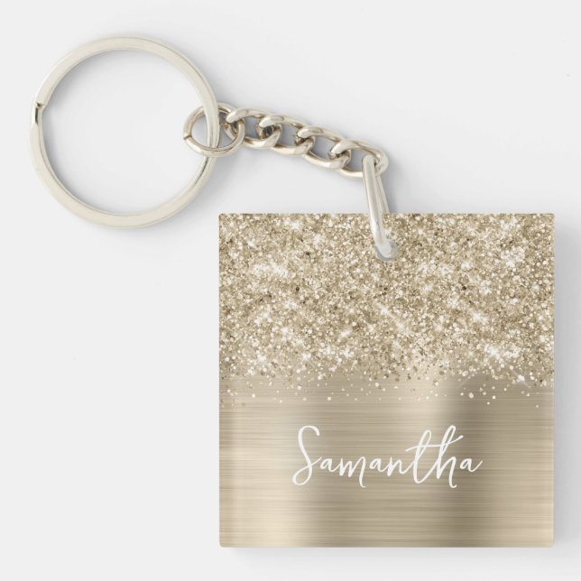 Llavero Glittery Pale Gold Glam Name Photo (Frente)