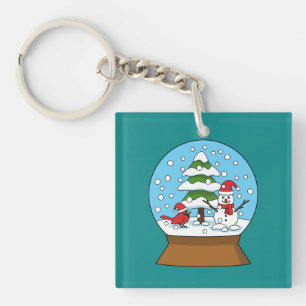 Llavero Globe de nieve con cardenal Snowman y árbol de pin