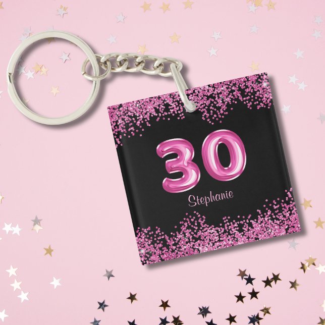 Llavero Globo de Relieve metalizado rosa negro Glam 30 Fie (Personalize with name or other text.  Matching items available in collection)