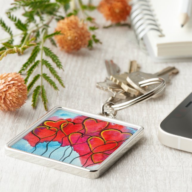 Llavero Globos de corazón rojo San Valentín acuarela (Lado)