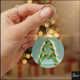 Llavero Glossy Green Gold Glitter Striped Letter A