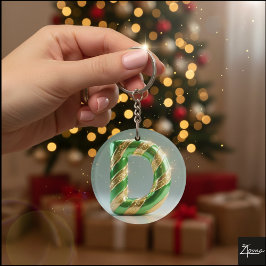 Llavero Glossy Green Gold Glitter Striped Letter D