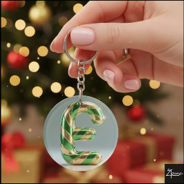 Llavero Glossy Green Gold Glitter Striped Letter E