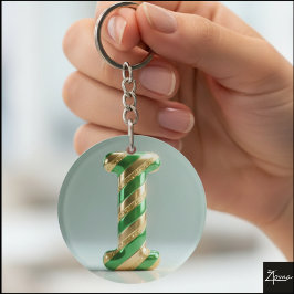 Llavero Glossy Green Gold Glitter Striped Letter I