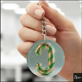 Llavero Glossy Green Gold Glitter Striped Letter J