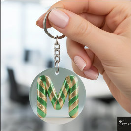 Llavero Glossy Green Gold Glitter Striped Letter M
