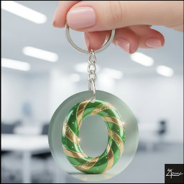 Llavero Glossy Green Gold Glitter Striped Letter O