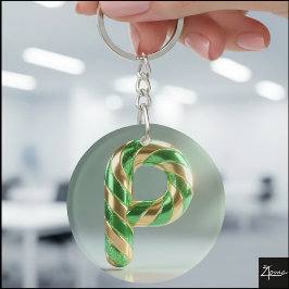 Llavero Glossy Green Gold Glitter Striped Letter P