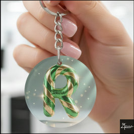 Llavero Glossy Green Gold Glitter Striped Letter R