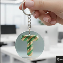 Llavero Glossy Green Gold Glitter Striped Letter T