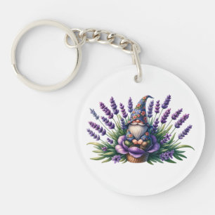 Llavero Gnome acuarela y flores moradas