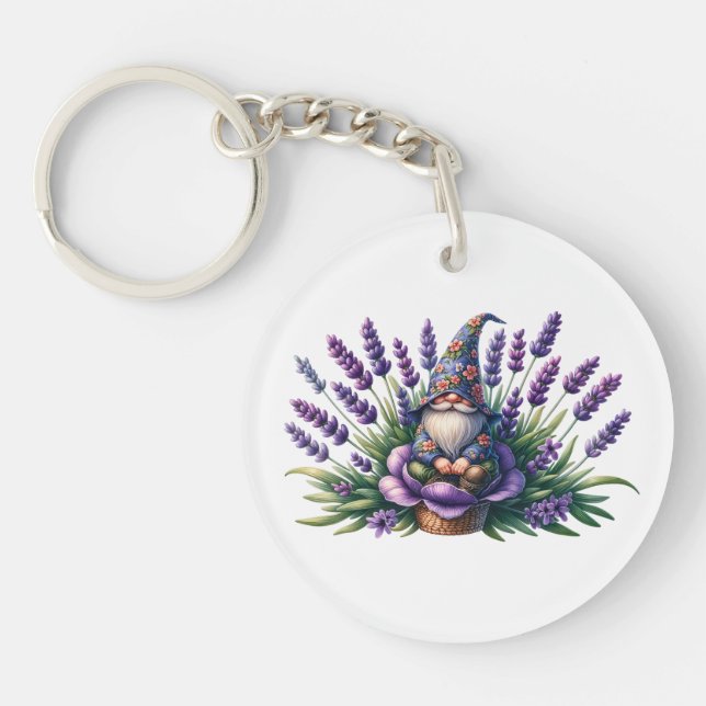 Llavero Gnome acuarela y flores moradas (Frente)