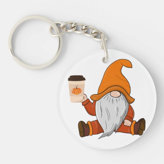 Llavero Gnome de otoño y keychain de taza de café (Frente)