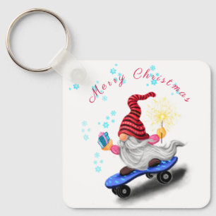 Llavero Gnome feliz del patinador con regalos y Sparkler -