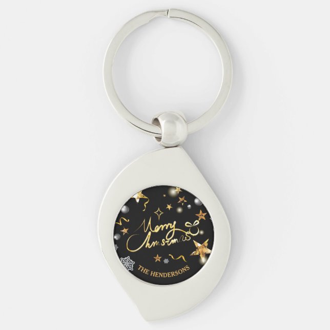 Llavero Gold Black Stars Personalizado Feliz Navidad (Anverso)